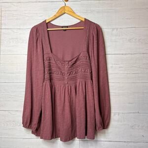 Torrid Blouse Womens Size 0/12 Mauve Lace Pleated Babydoll Long Sleeves